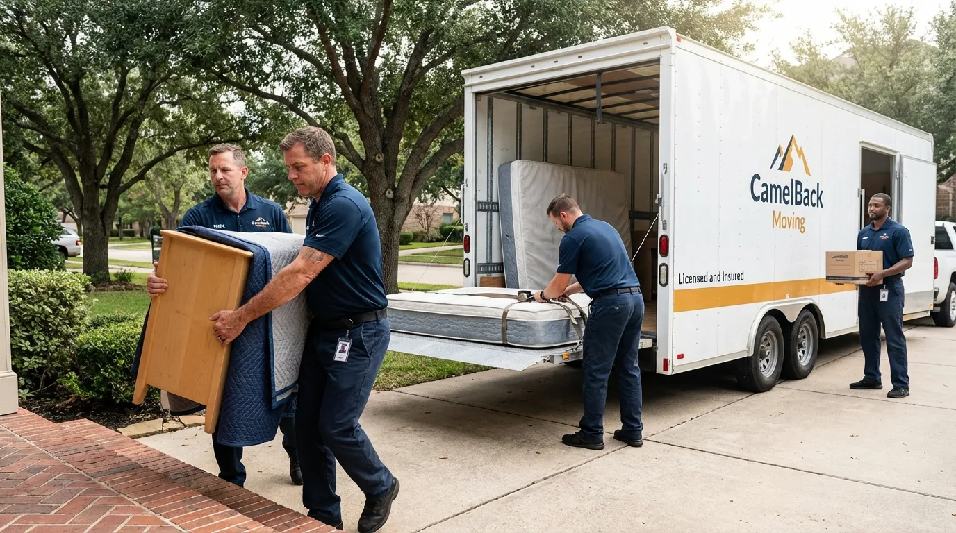 Crew loading residential truck for cross-state move from South San Francisco, CA