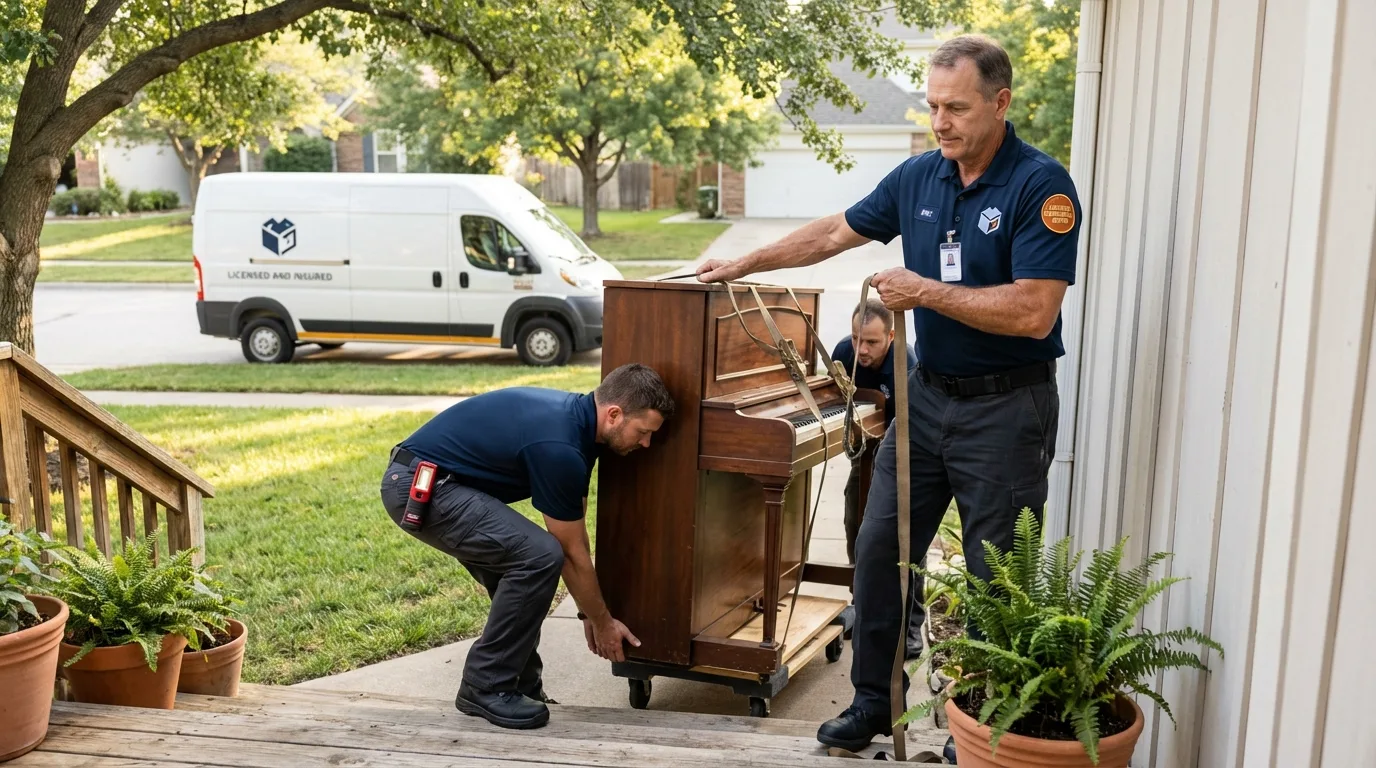 Licensed piano movers securing grand piano in South San Francisco, CA