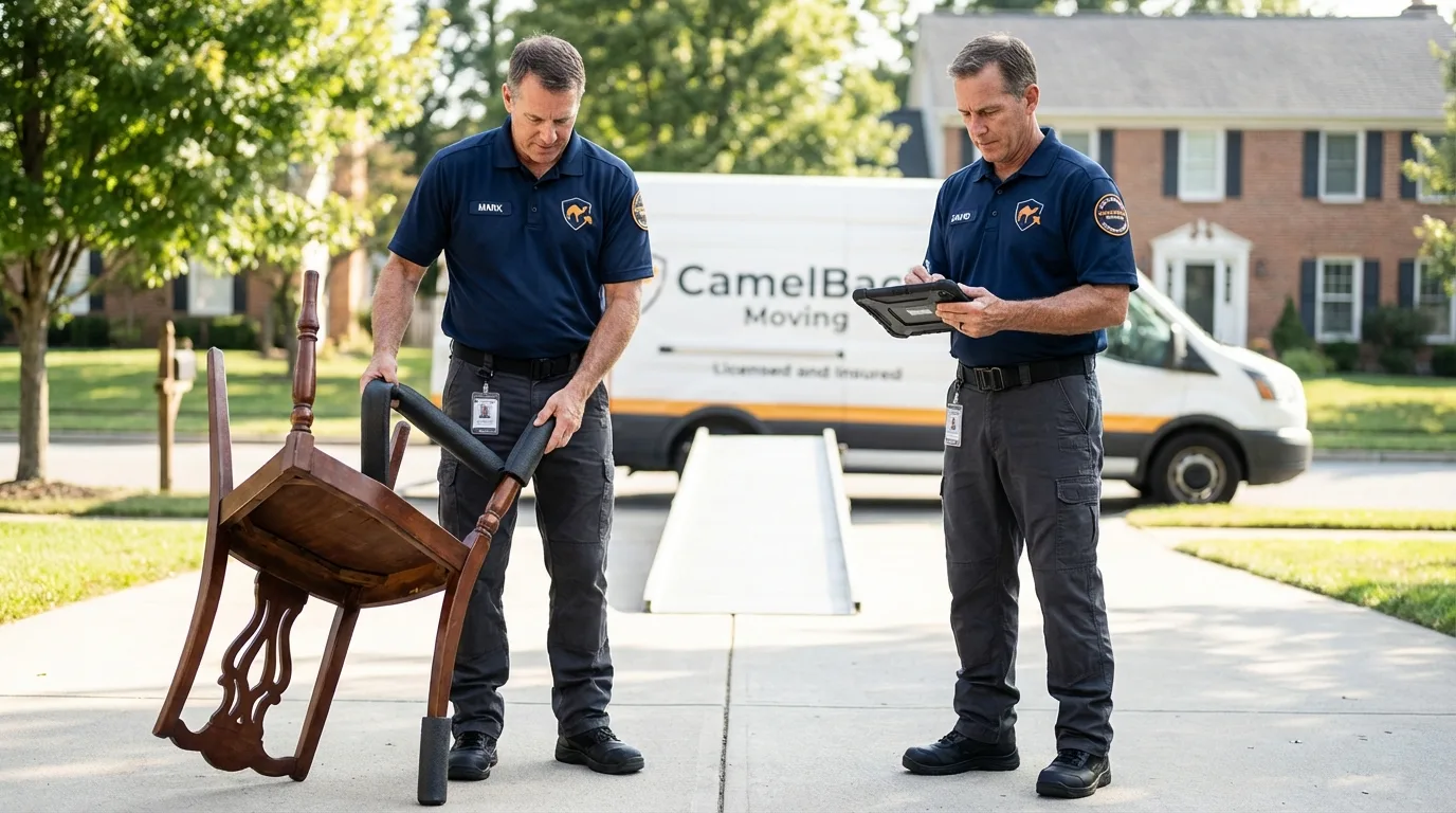 Movers inspecting furniture for damage prevention before loading in South San Francisco, CA