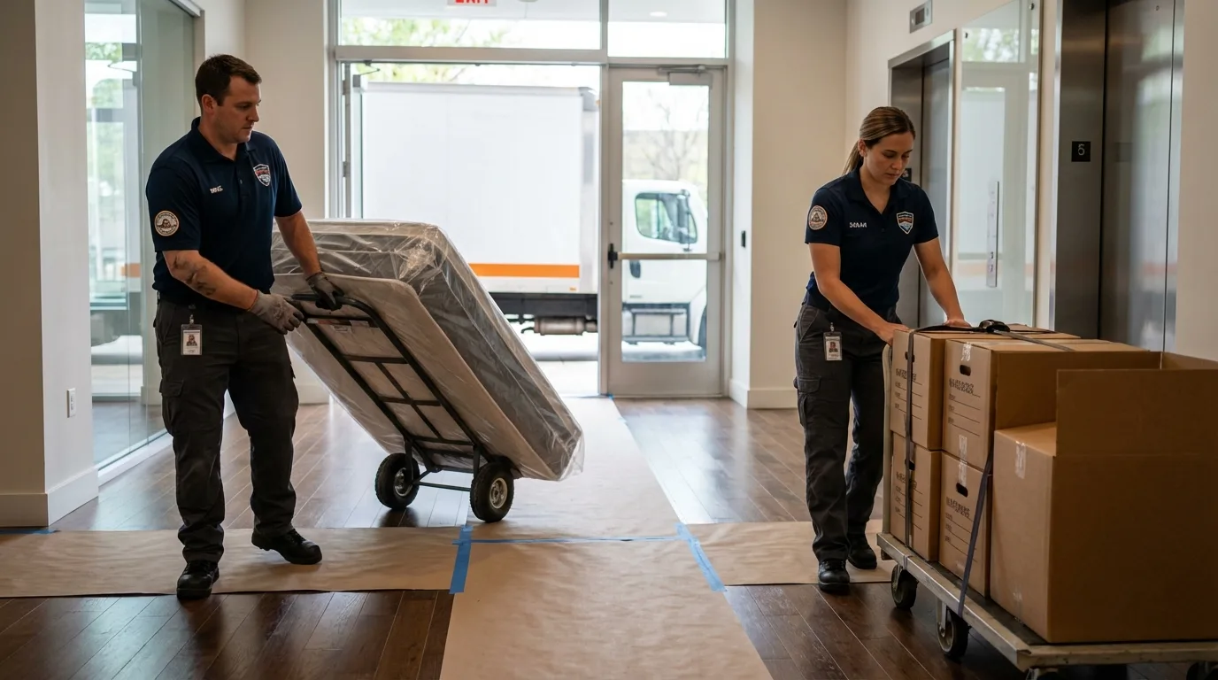 Professional apartment movers loading elevator in South San Francisco, CA