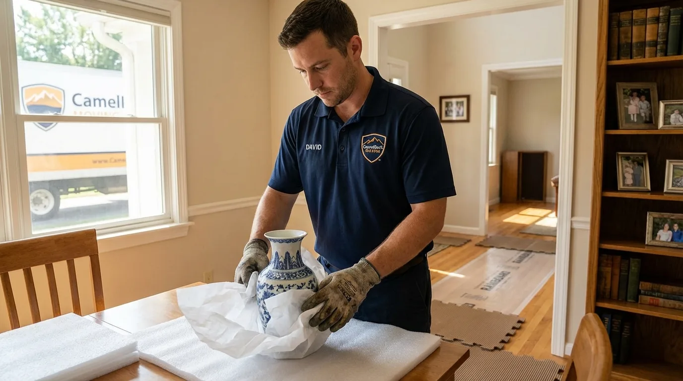 Professional crew carefully wrapping antique vase for senior downsizing move in South San Francisco, CA